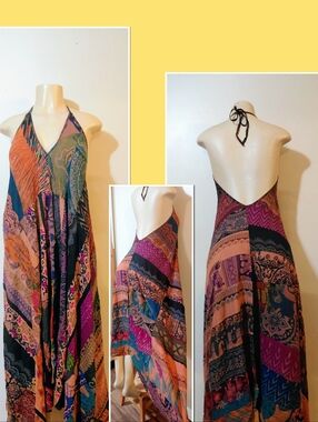 Bohemian Patchwork Halter Maxi Dress - Multi One Size